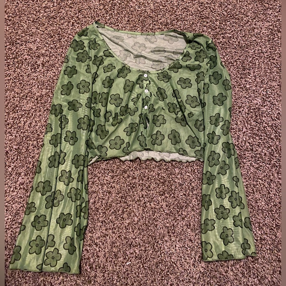 Floral y2k mesh bell sleeve top